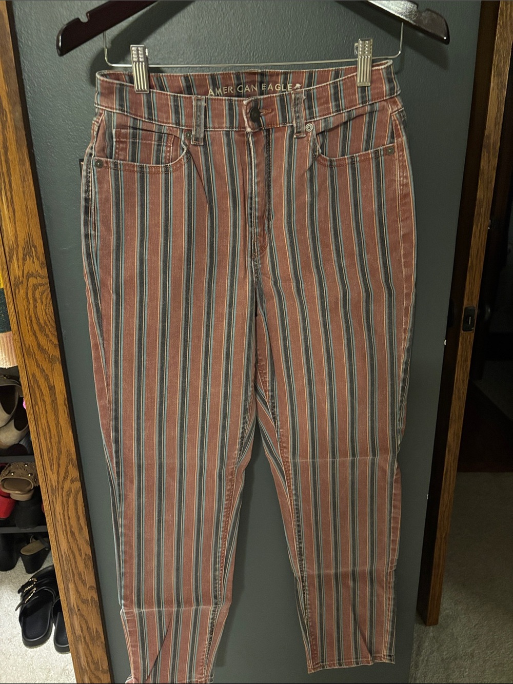 American Eagle Striped Button-Front Shirt - Rust, Blue, Cream